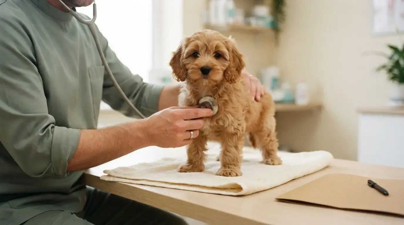 Licensed pet shop standards in practice: apricot Cavapoo puppy calm during a gentle stethoscope health check
