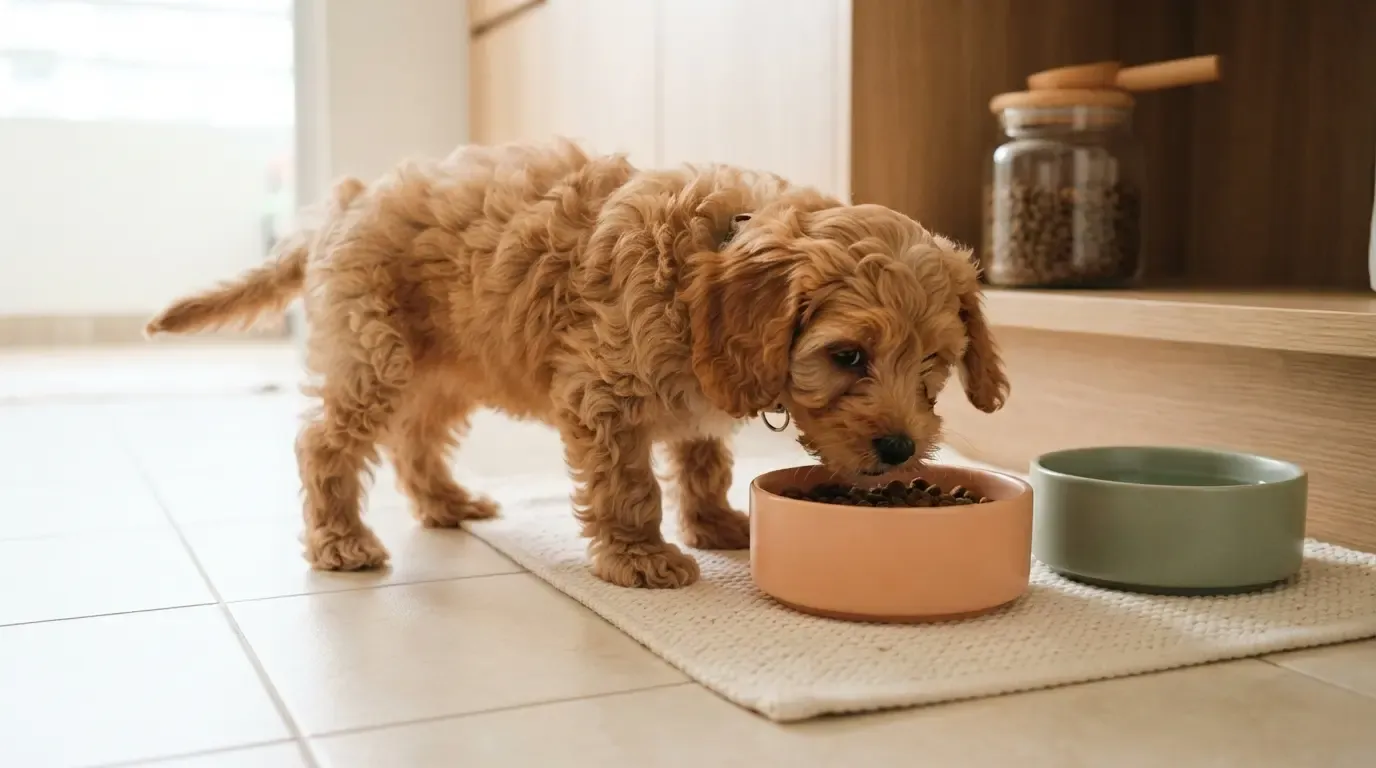 Puppy care routine in action: Cavapoo eating from its bowl at a fixed mealtime