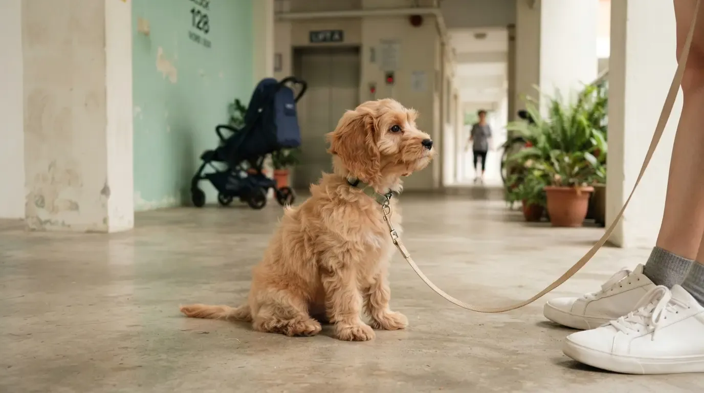 Puppy socialisation window in action: apricot Cavapoo calmly observing a Singapore void deck from its walker's side