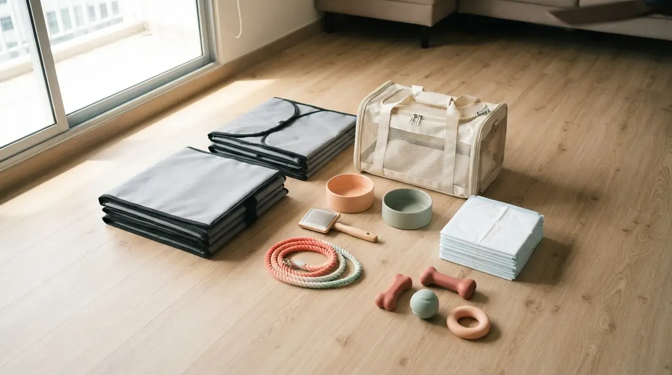 Puppy starter kit included in the price: playpen panels, carrier, bowls, grooming brush and toys laid out in a Singapore home