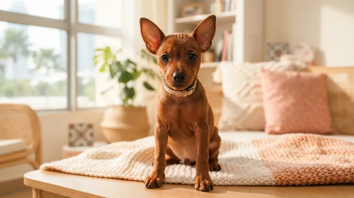 Red Miniature Pinscher puppy portrait, one of the Min Pin puppies available in Singapore