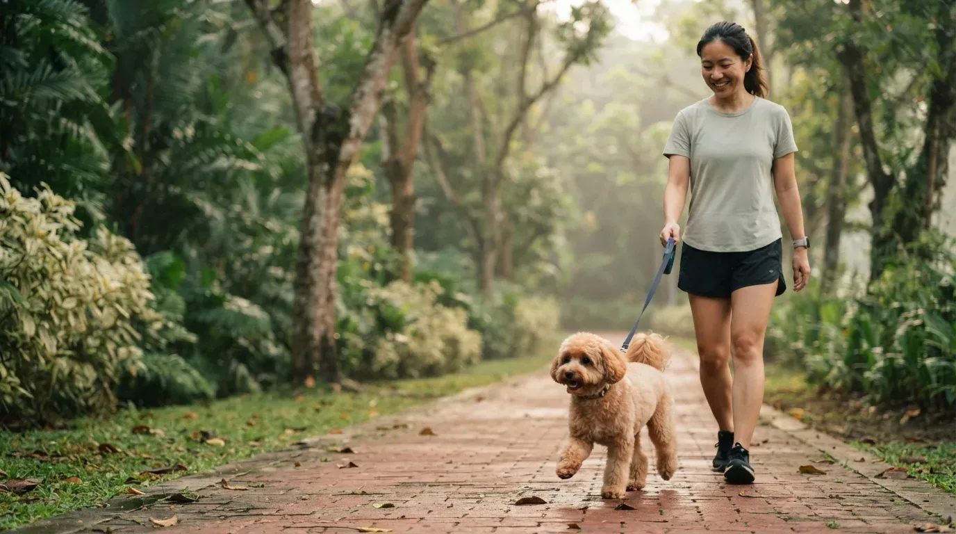 Small dog on an early morning walk in Singapore before the heat