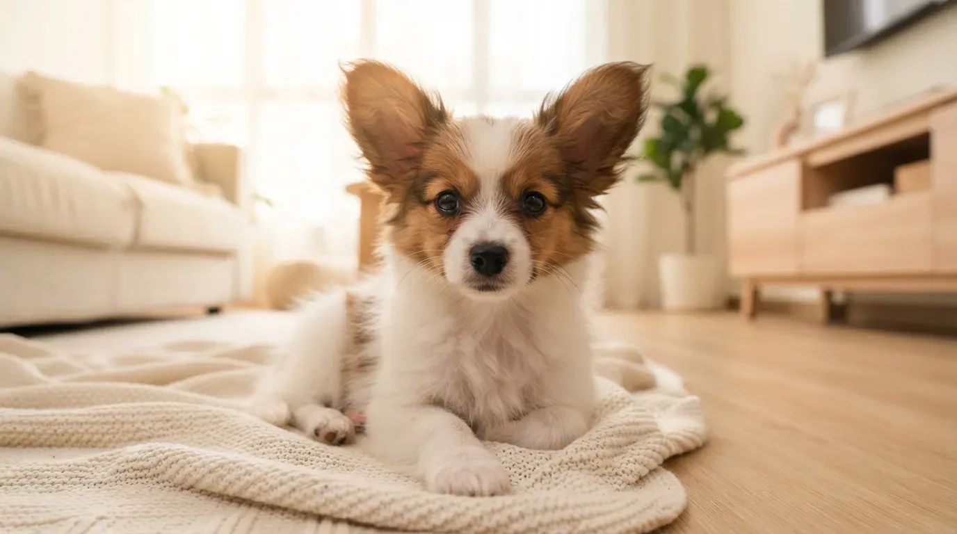 White and sable Papillon puppy portrait, one of the Papillon puppies available in Singapore