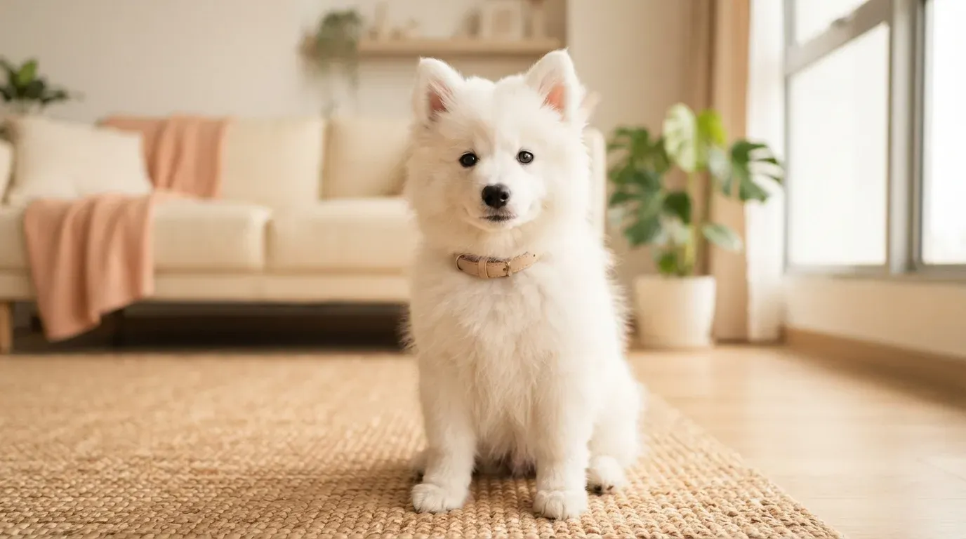 White Japanese Spitz puppy portrait, one of the Japanese Spitz puppies available in Singapore
