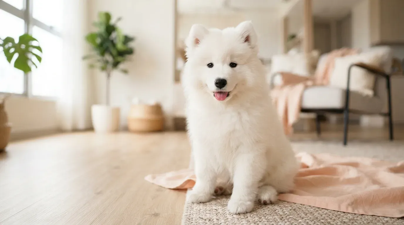 White Samoyed puppy portrait, one of the Samoyed puppies available in Singapore