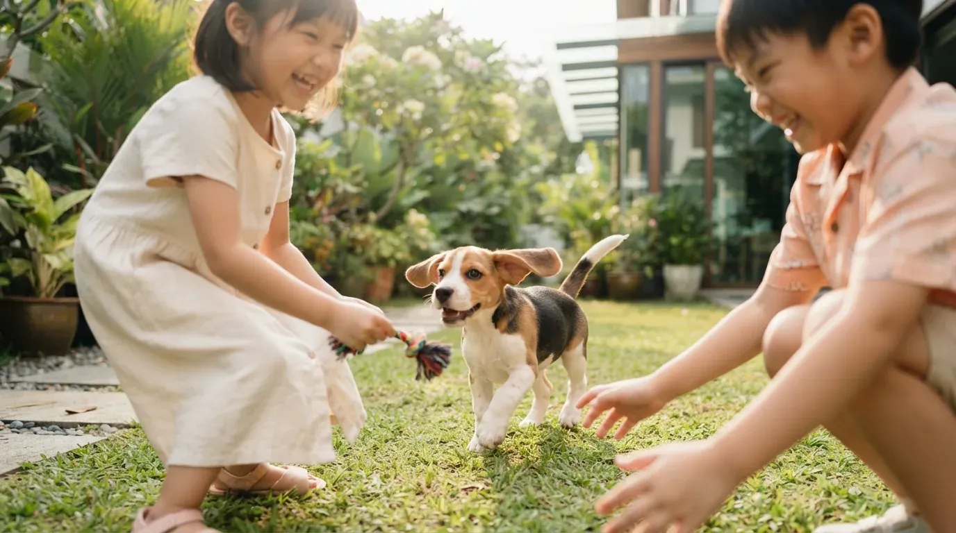 Beagle puppy playing happily with children in a garden