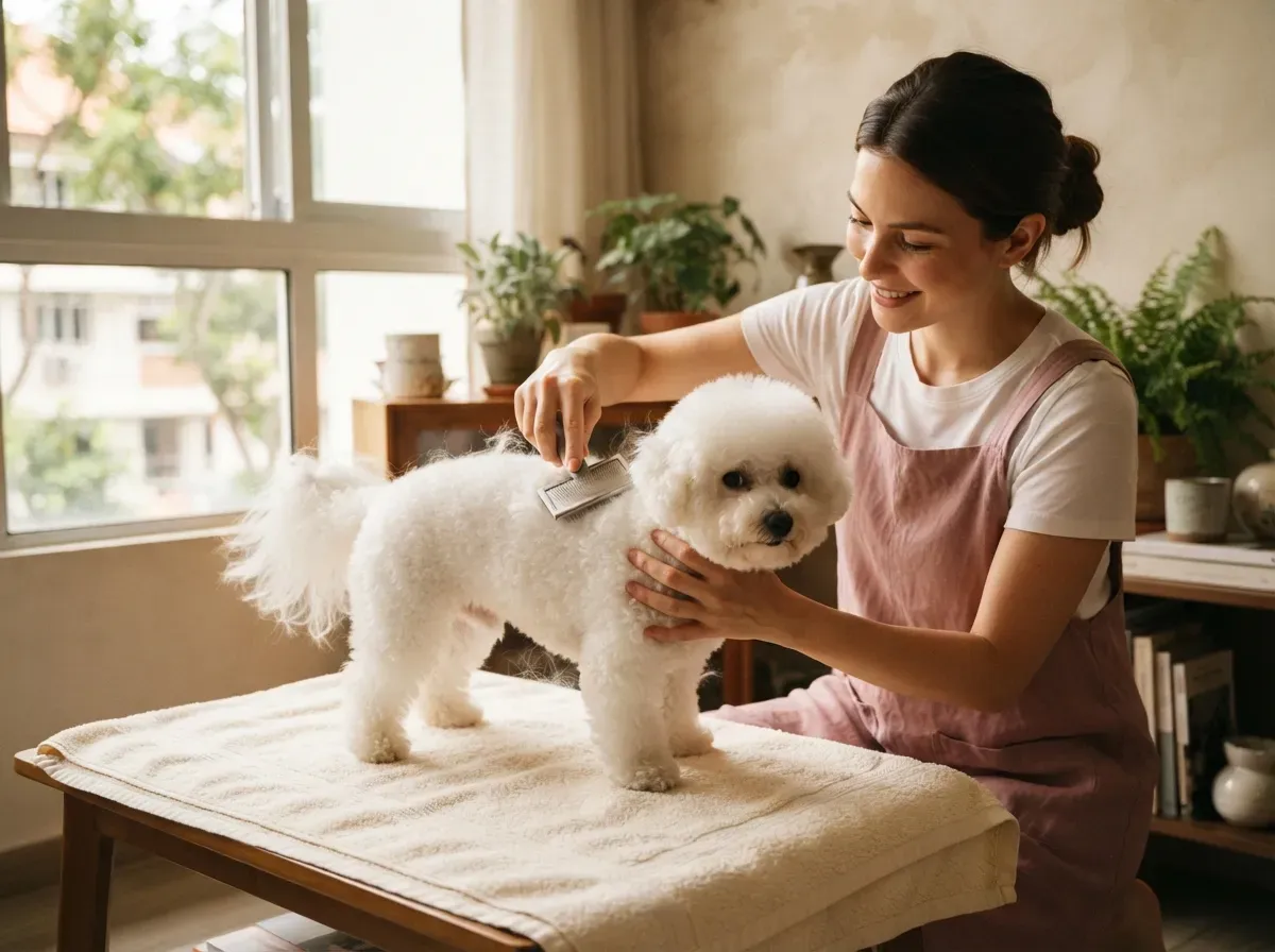 Bichon Frise puppy having its curly white coat brushed during grooming