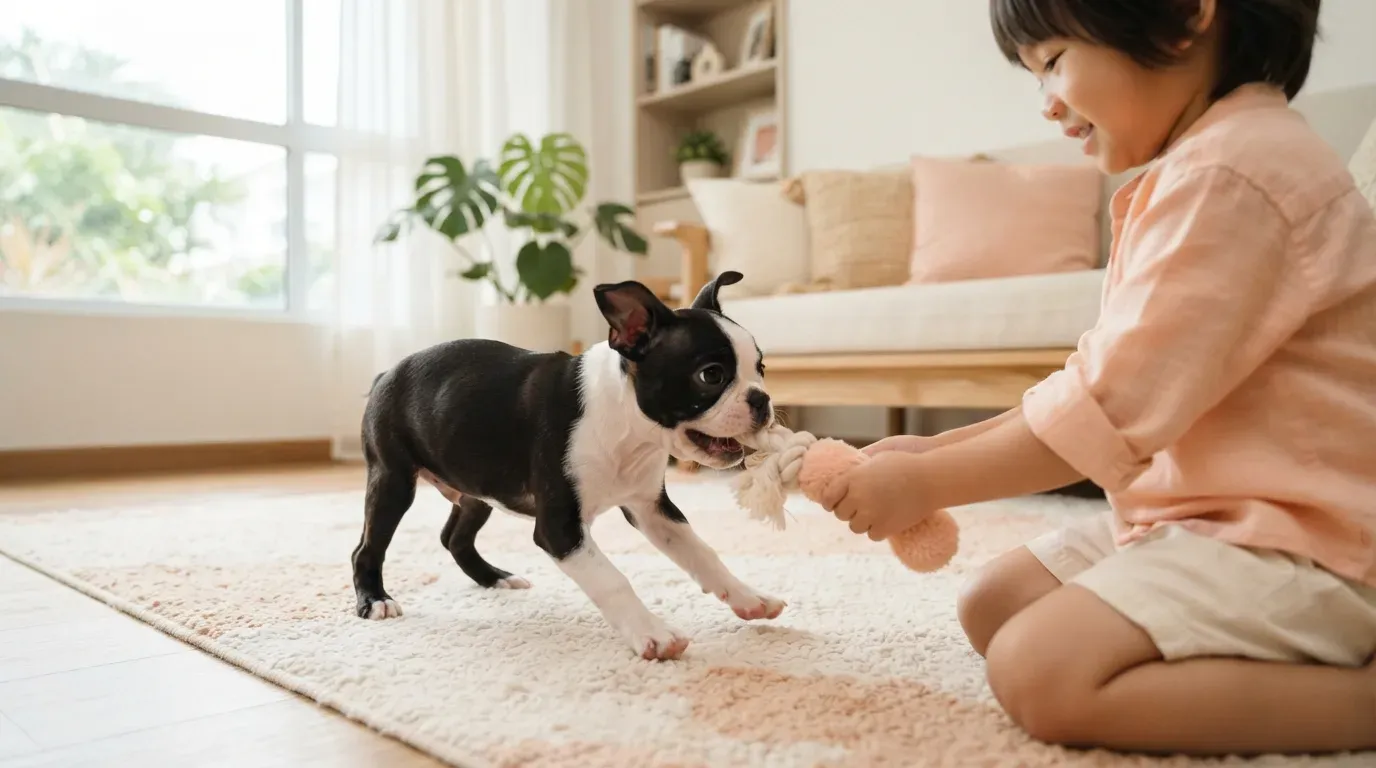 Boston Terrier puppy playing gently with a child at home