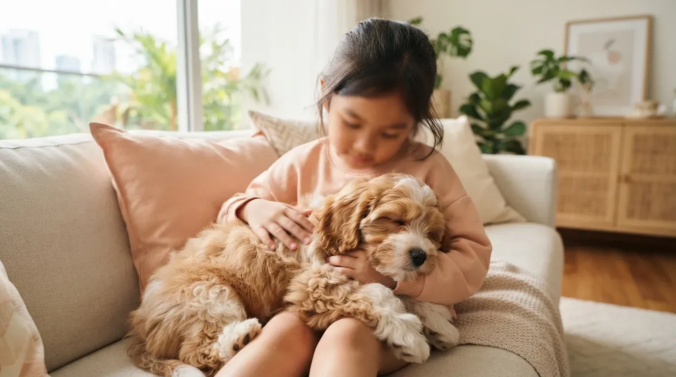Cavachon puppy cuddling calmly with a child on a sofa