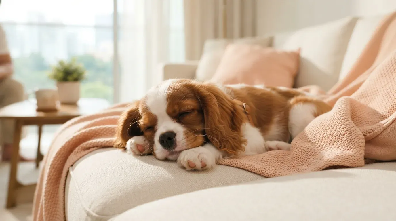 Cavalier King Charles Spaniel puppy cuddled on a family sofa