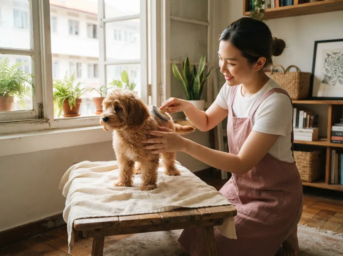 Cavapoochon puppy having its soft teddy-bear coat brushed during grooming