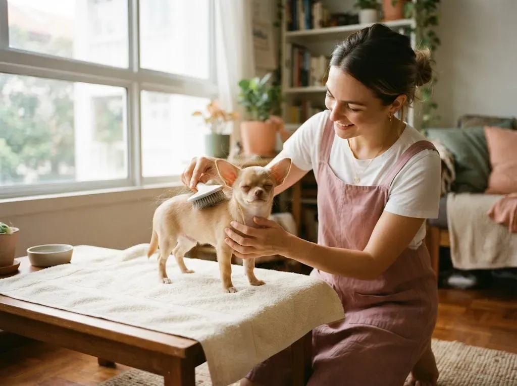 Chihuahua puppy being gently brushed during coat care