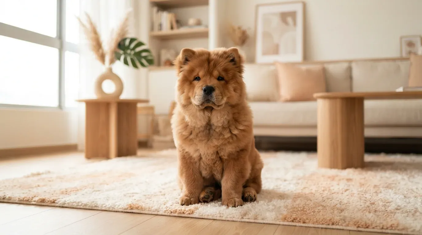 Chow Chow puppy sitting composed and dignified in a living room