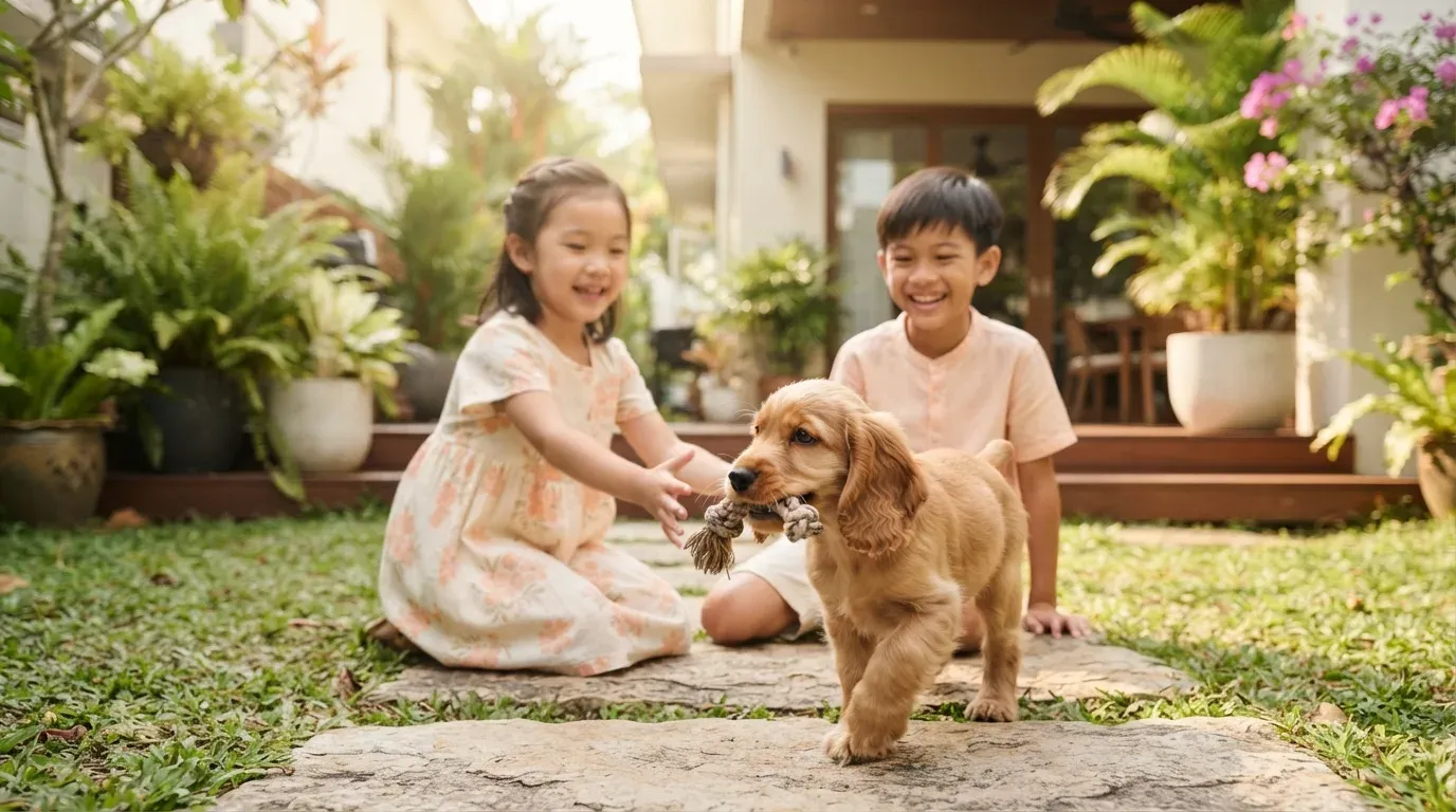 Cocker Spaniel puppy playing gently with children in a garden
