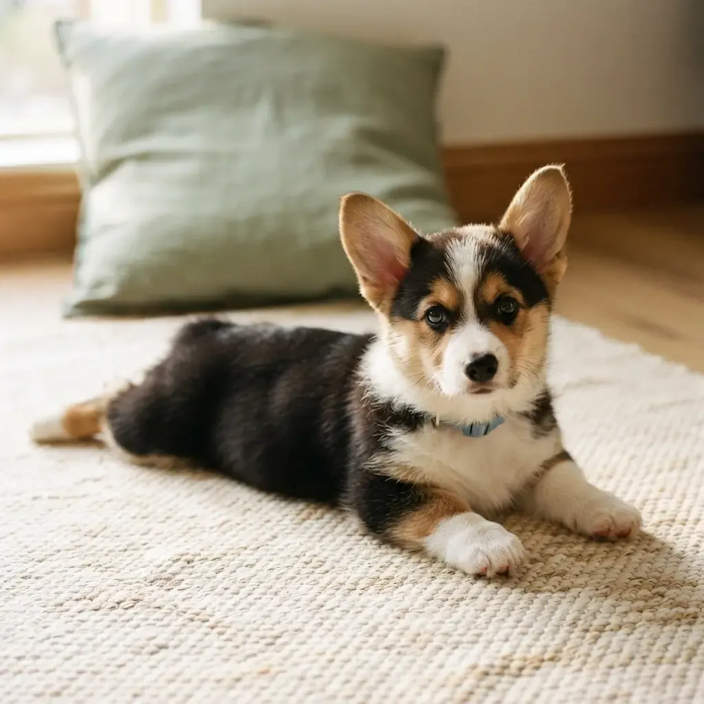 Tri-colour female Corgi puppy lying on a cotton mat
