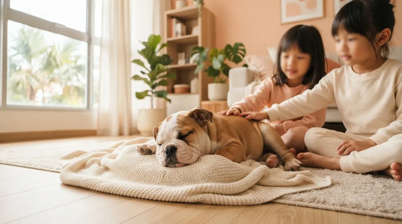 English Bulldog puppy relaxing calmly with children indoors