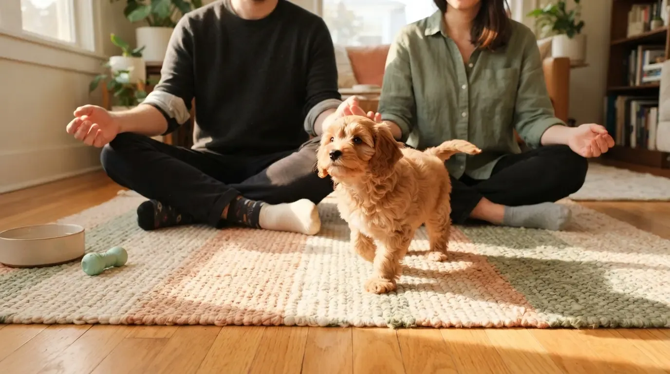 Meeting the puppies before deciding: family sitting on a mat while an apricot Cavapoo approaches at its own pace