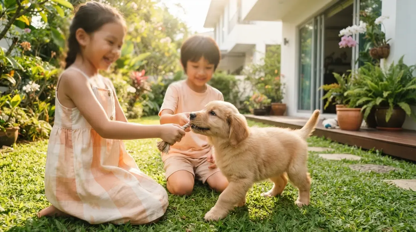 Golden Retriever puppy playing gently with children in a garden