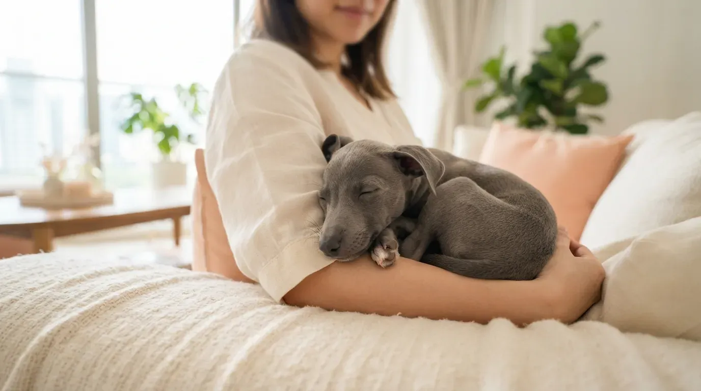 Italian Greyhound puppy curled against its owner on the sofa