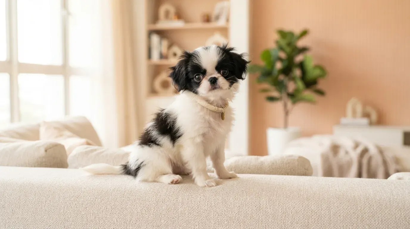 Japanese Chin puppy perched gracefully on the back of a sofa