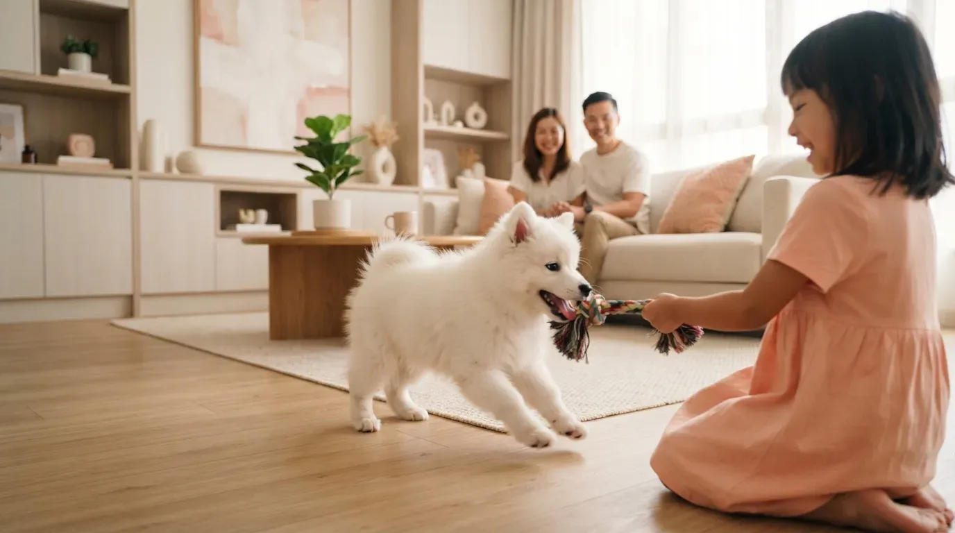 Japanese Spitz puppy playing with a family in the living room