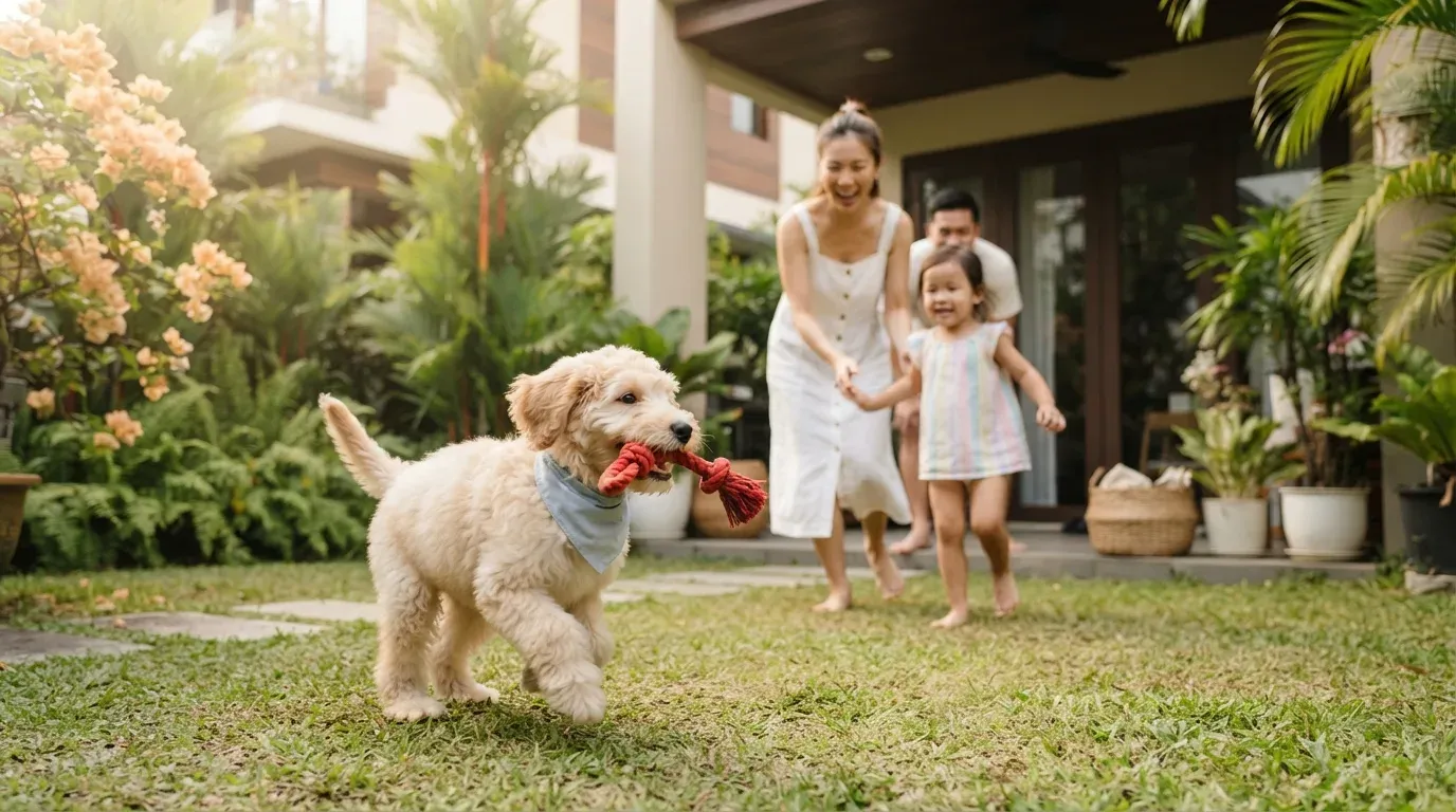 Labradoodle puppy playing happily with a family in a garden