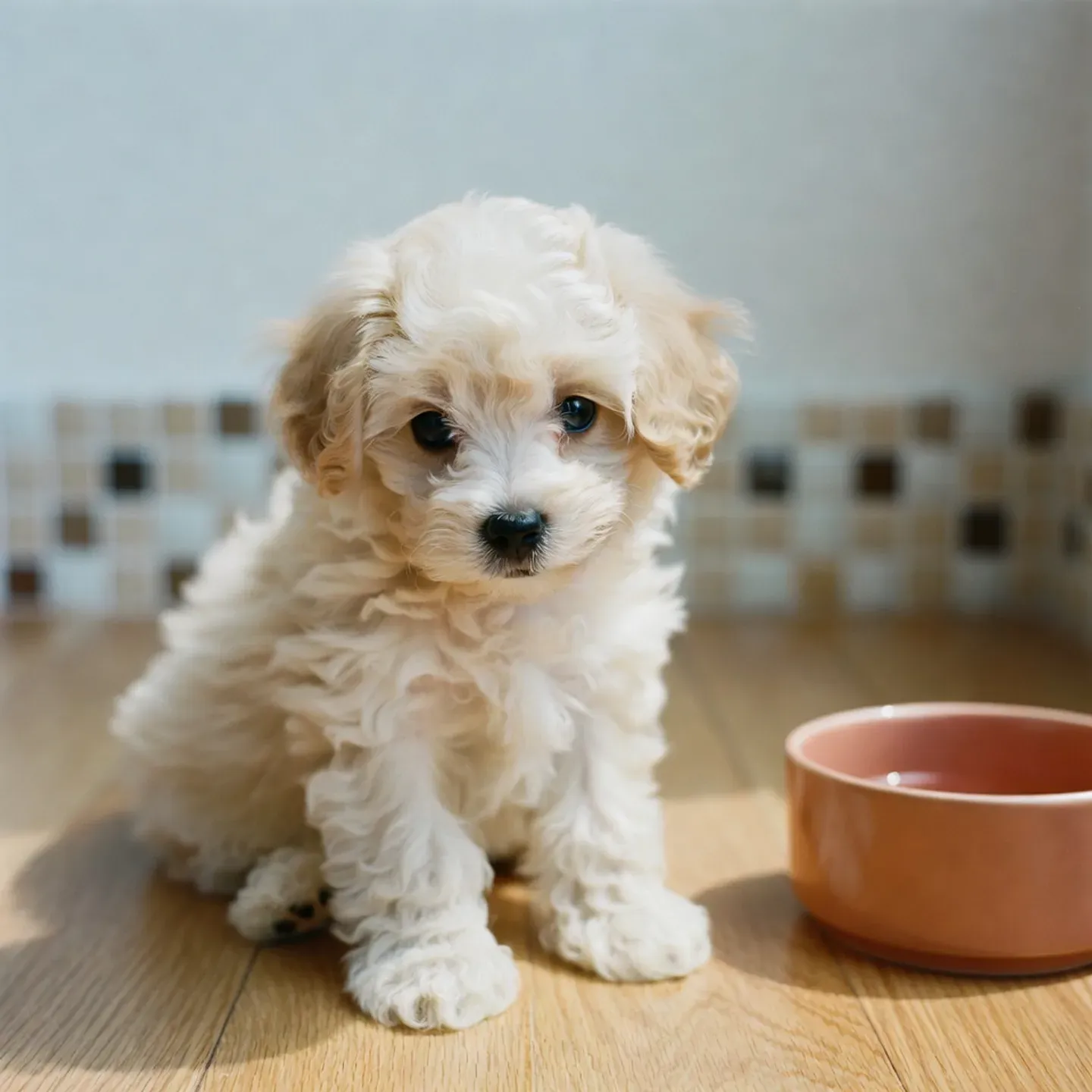 Maltipoo puppy with a wavy cream coat