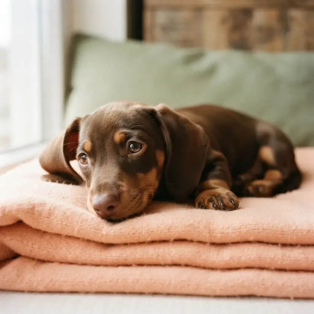 Chocolate and tan female Mini Dachshund puppy resting on a blanket