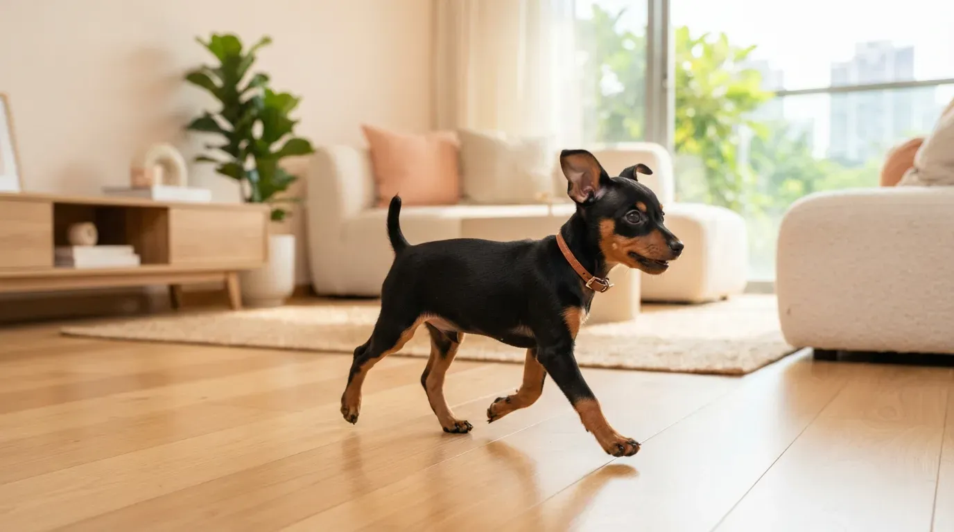 Miniature Pinscher puppy trotting proudly across a living room