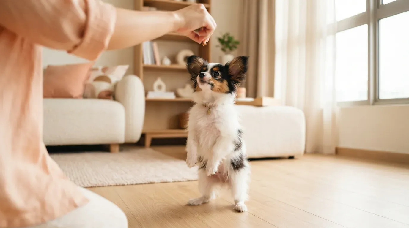 Papillon puppy learning a trick during play at home