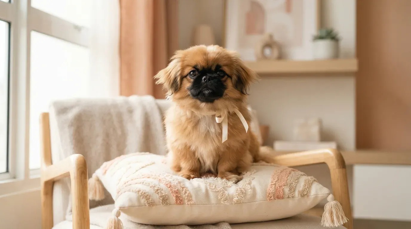 Pekingese puppy sitting regally on a cushion at home