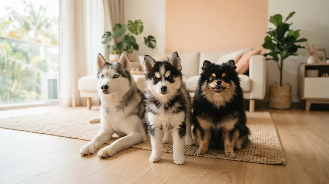 Pomsky puppy beside its Pomeranian and Husky parents for size comparison