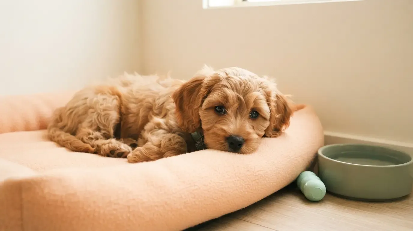 Free puppy boarding after deposit: apricot Cavapoo relaxed in a cosy pen with its bed and water while its family gets ready