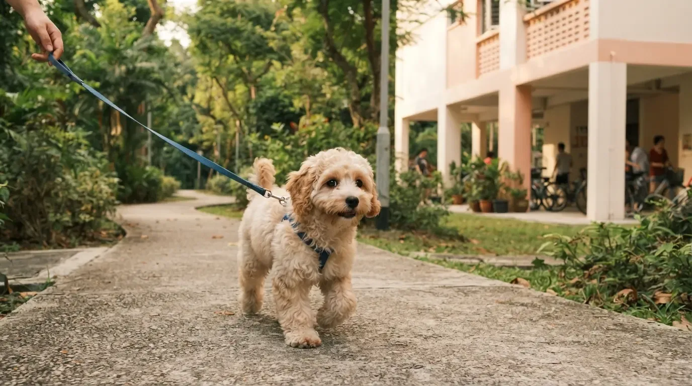 Cream puppy on a daytime Singapore walk before evening fireworks