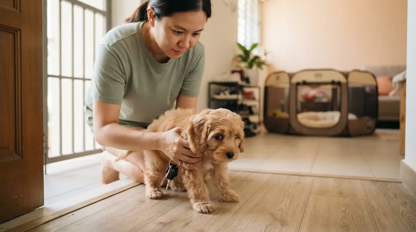 Puppy homecoming after deposit and free delivery: caregiver lowering an apricot Cavapoo puppy onto the floor of an HDB flat