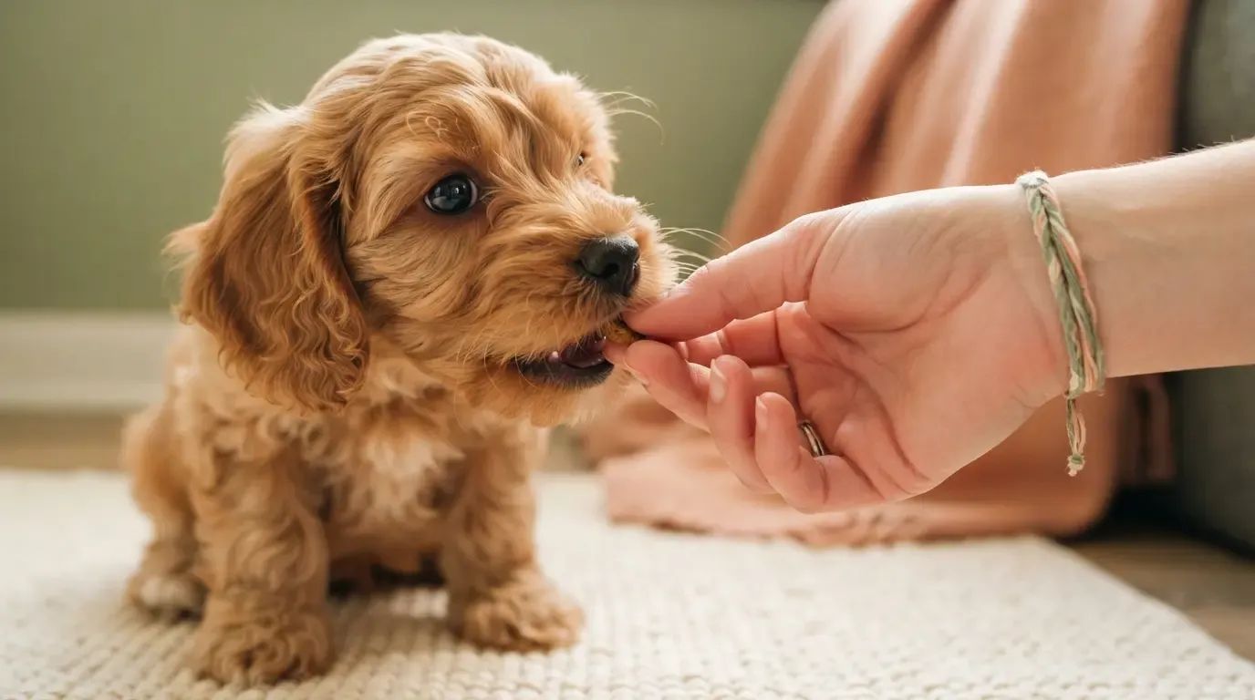 Rewards-based puppy training close-up: treat passed to an apricot Cavapoo the moment it holds a sit