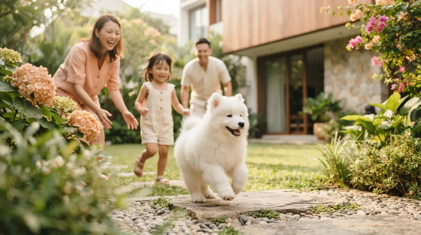 Samoyed puppy playing happily with a family in a garden