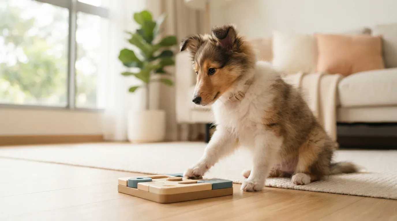Sheltie puppy focused on a training game at home