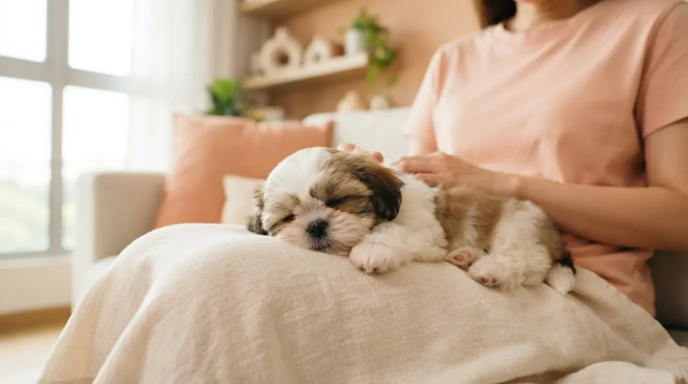 Shih Tzu puppy relaxing on a caregiver's lap at home