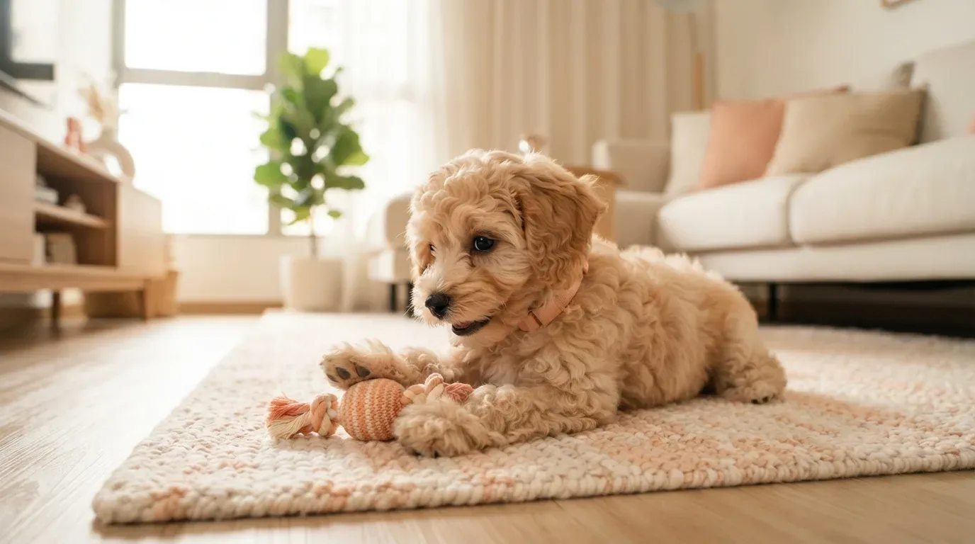 Shihpoo puppy playing gently on a living room rug