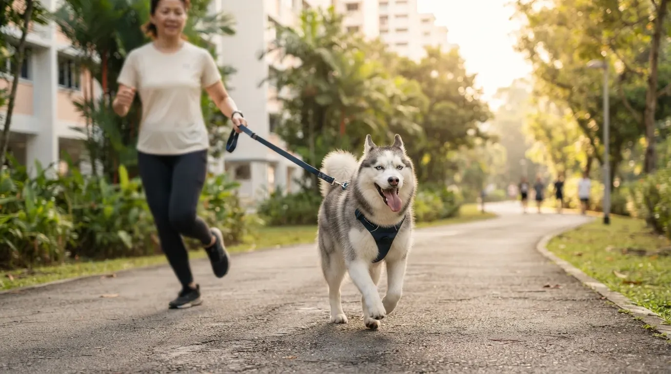 Siberian Husky running with its owner on an early morning park connector