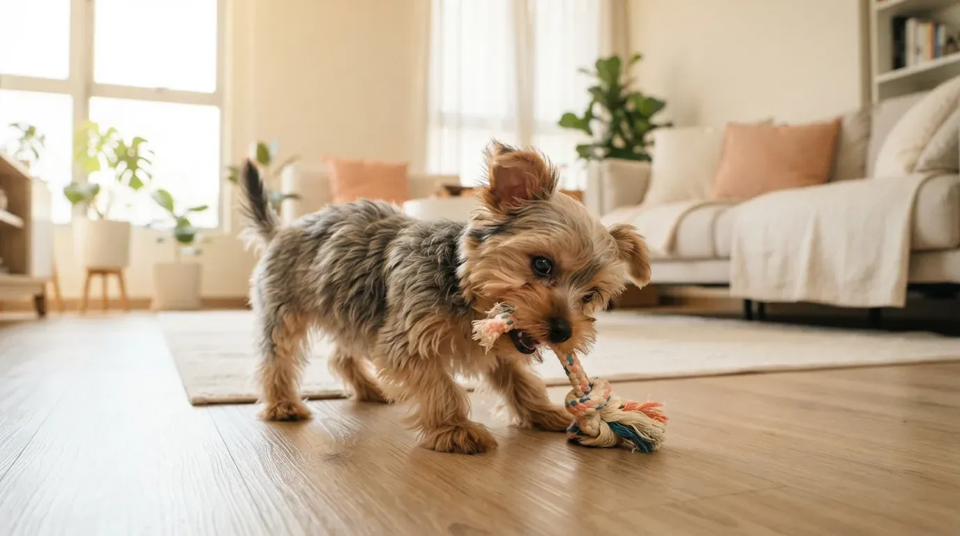 Silky Terrier puppy playing keenly with a toy at home