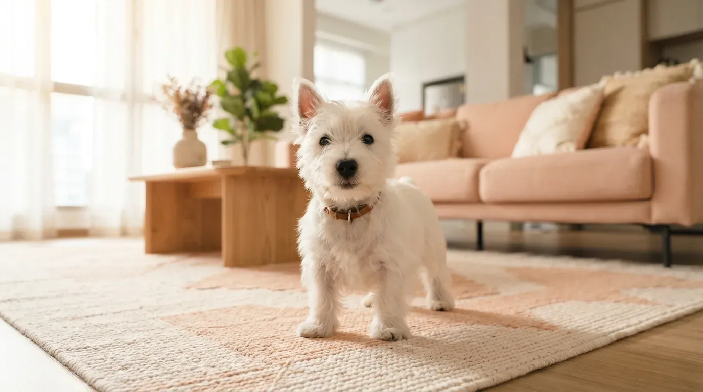 Westie puppy standing confidently on a living room rug