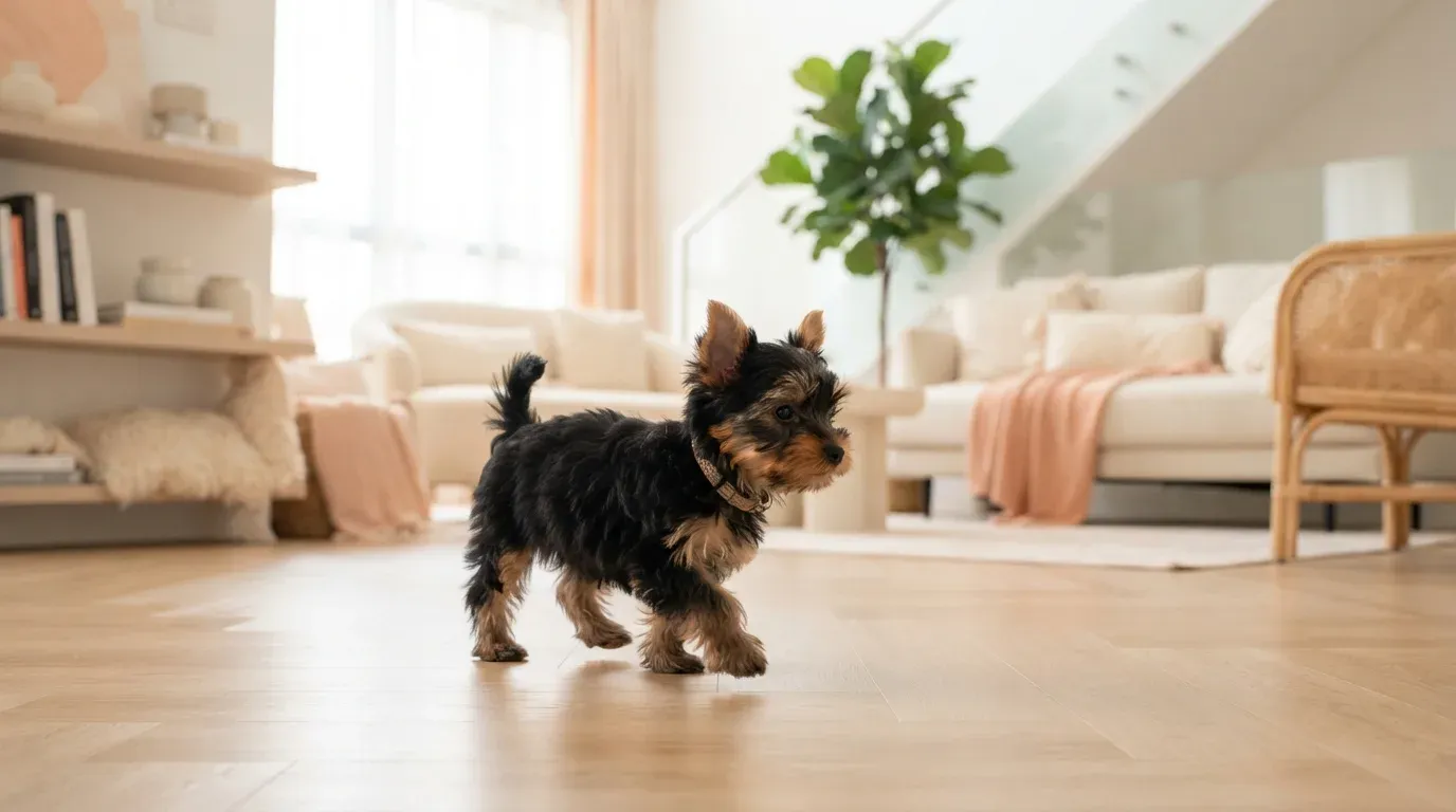 Yorkshire Terrier puppy exploring confidently at home
