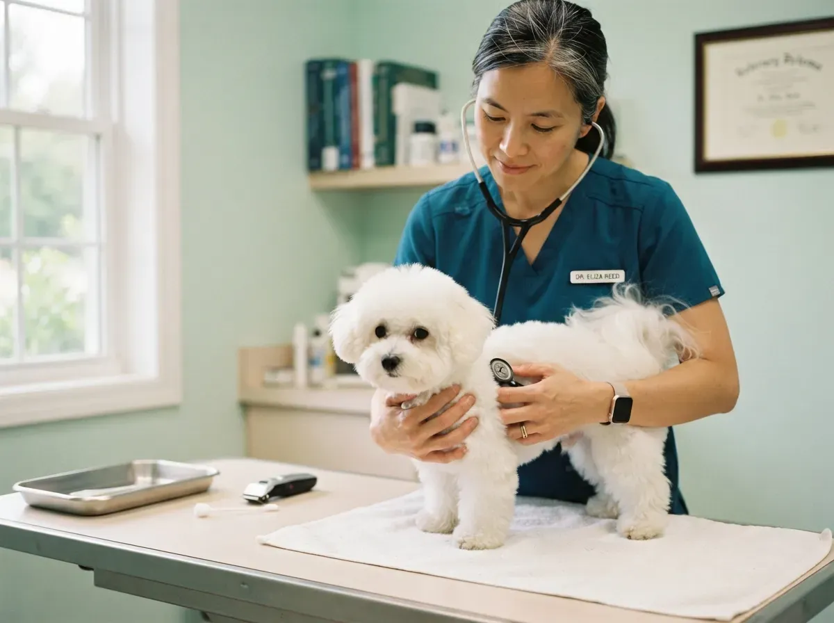 Bichon Frise puppy at a veterinary health check before going home
