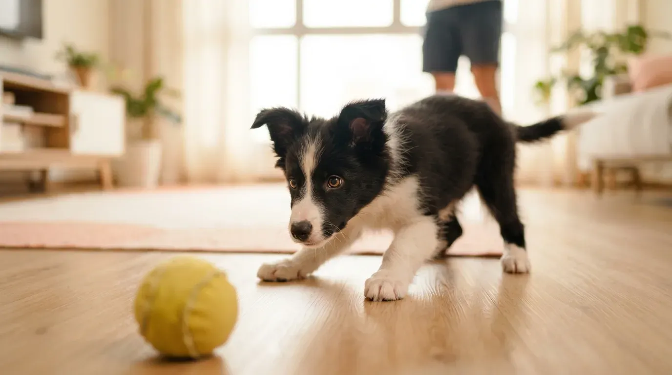 Border Collie puppy in the classic herding crouch during play