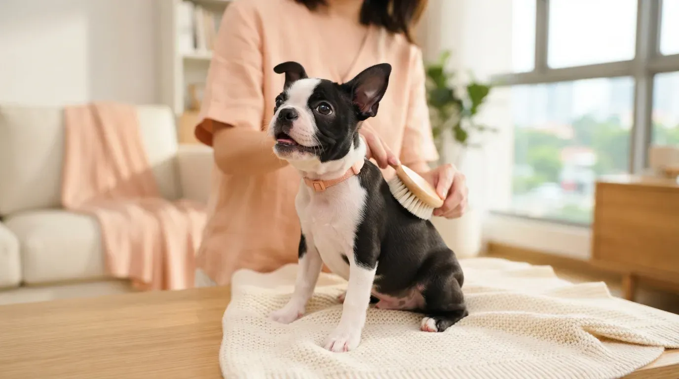 Boston Terrier puppy getting a quick weekly brush