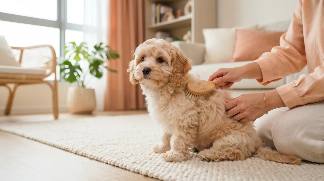 Cavachon puppy being brushed through its soft wavy coat