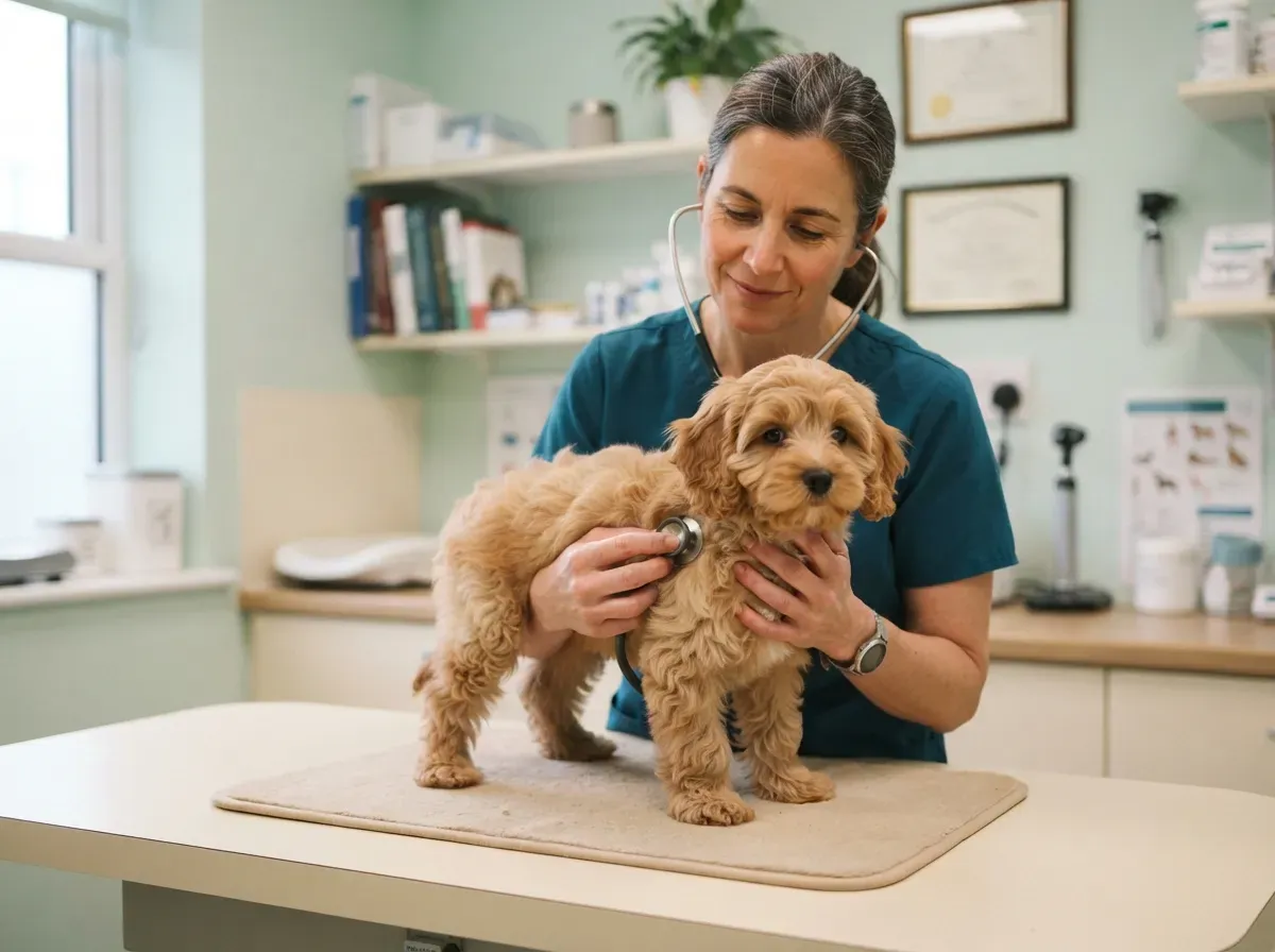 Cavapoochon puppy at a veterinary health check before going home