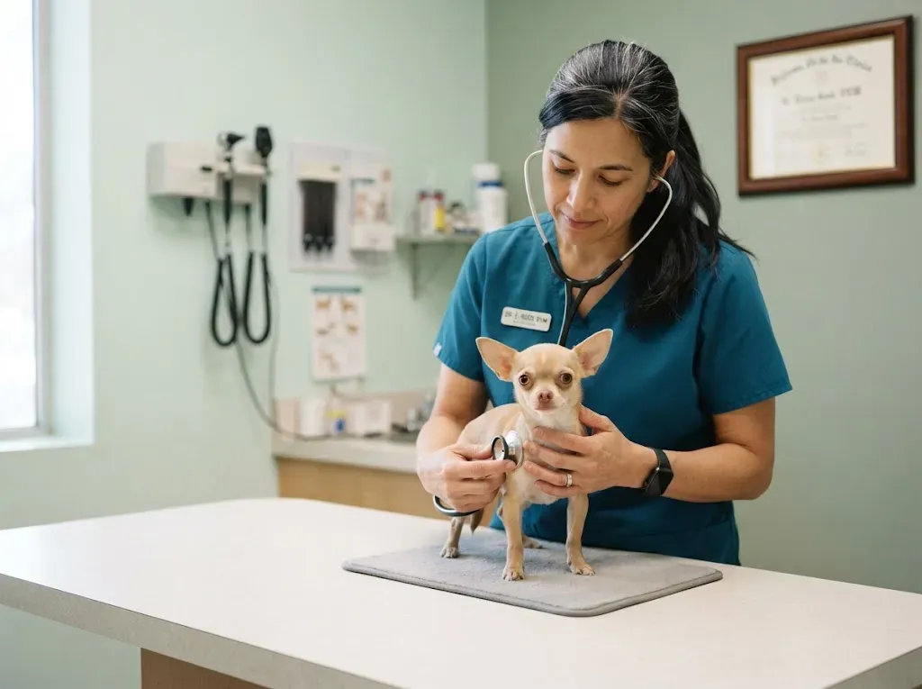 Chihuahua puppy at a veterinary health check before going home